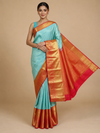 Sky Blue and Crimson Red Pure Kanchipuram Silk Saree