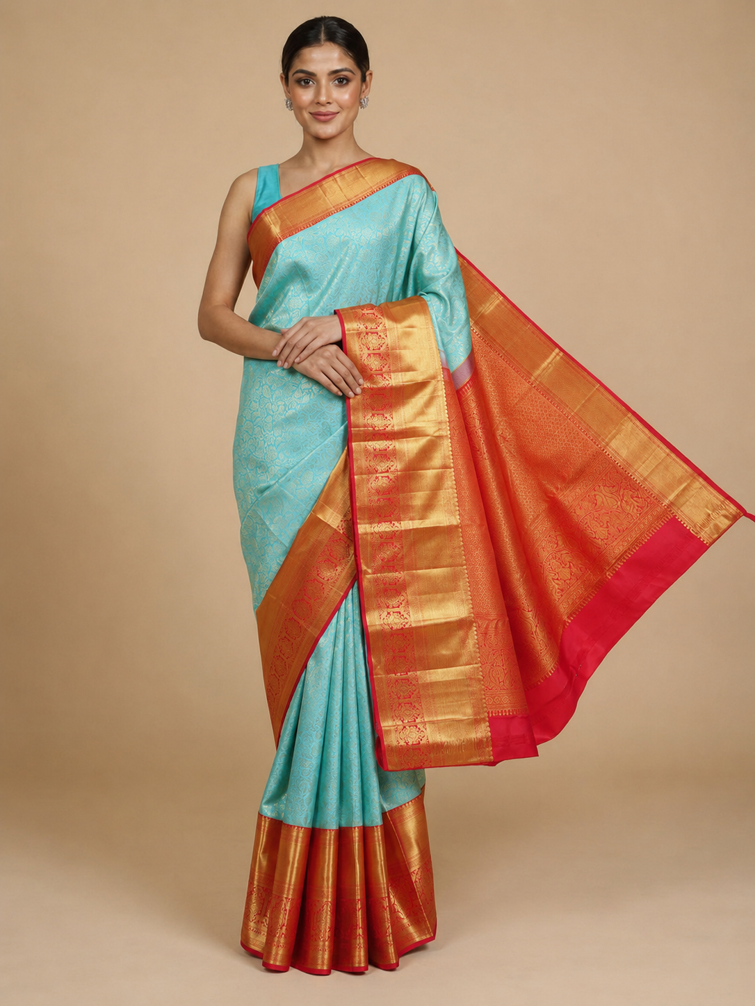 Sky Blue and Crimson Red Pure Kanchipuram Silk Saree