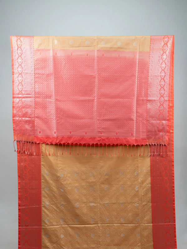 Beige semi silk saree with coral silver zari border and Vaira Oosi Design woven buttas