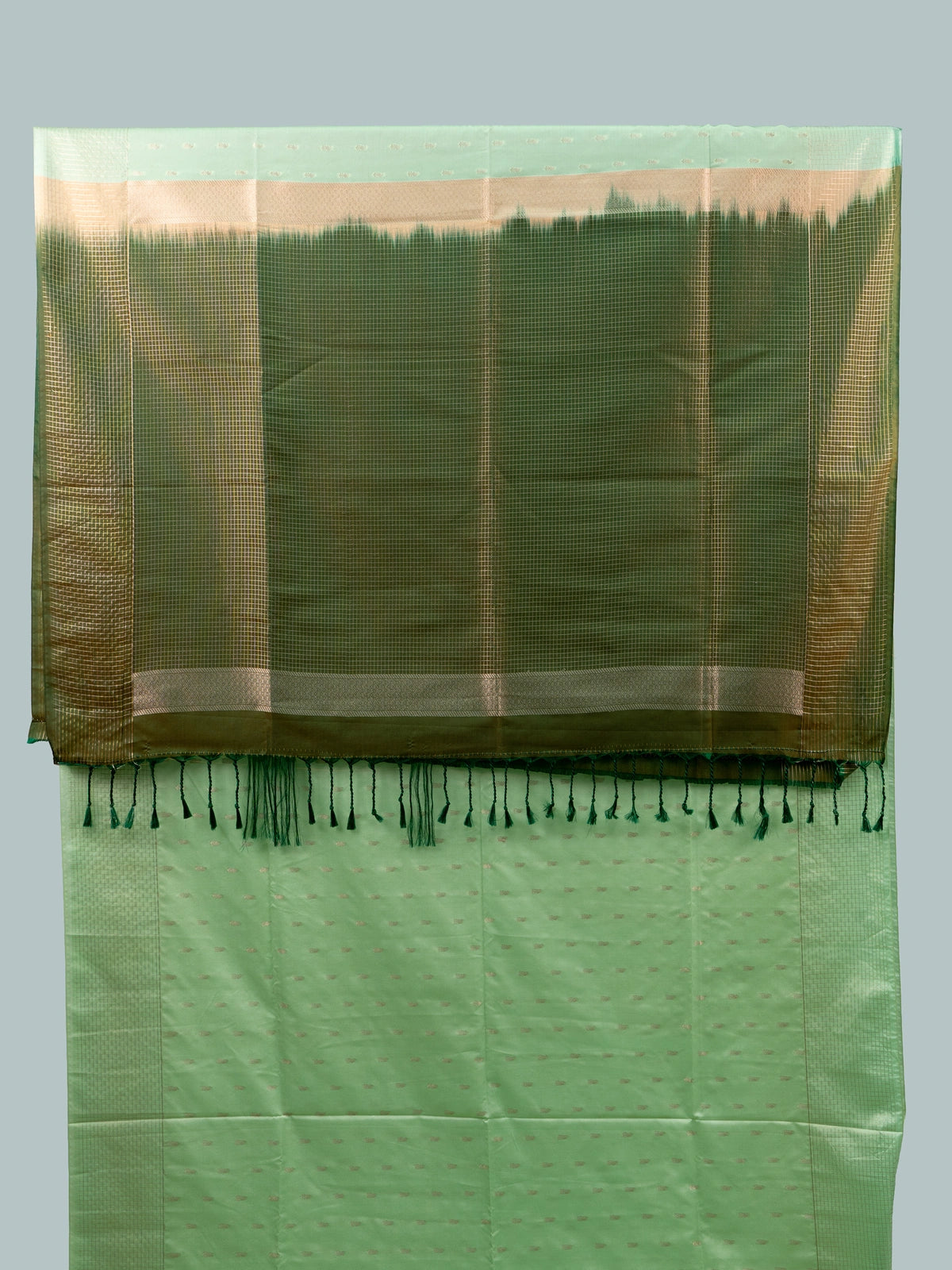 Pastel green Vaira Oosi Design semi silk saree with gold zari butis and contrast dark green zari border