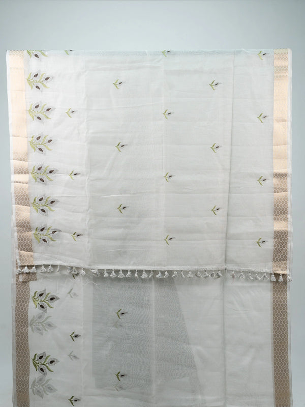 White linen cotton saree with gold zari border, embroidered leaf buttas and contrast black blouse