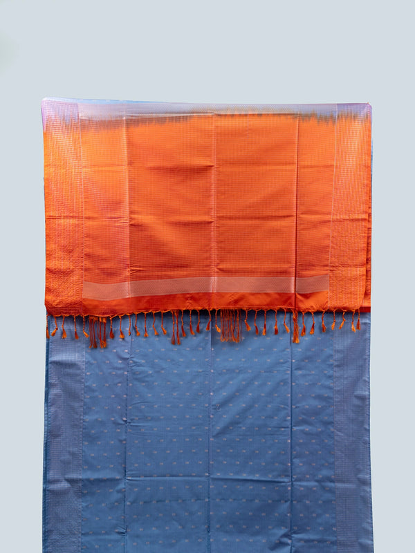 Dusty blue-grey Vaira Oosi Design semi silk saree with silver zari buttis and contrast orange zari pallu and border