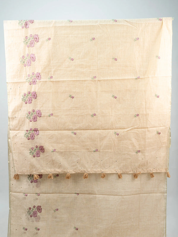 Cream linen cotton saree with mauve floral embroidery, fine zari border and tasseled pallu