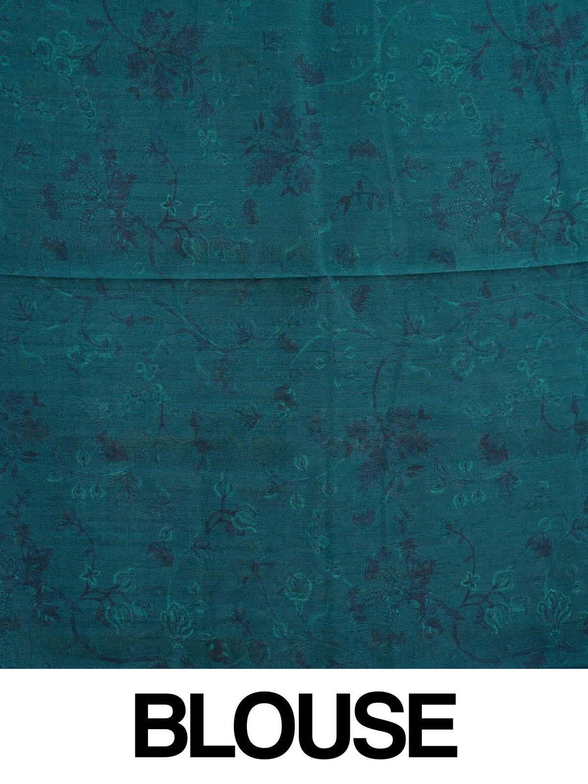 Teal blue semi tussar saree with Kalamkari floral and peacock print and gold zari border