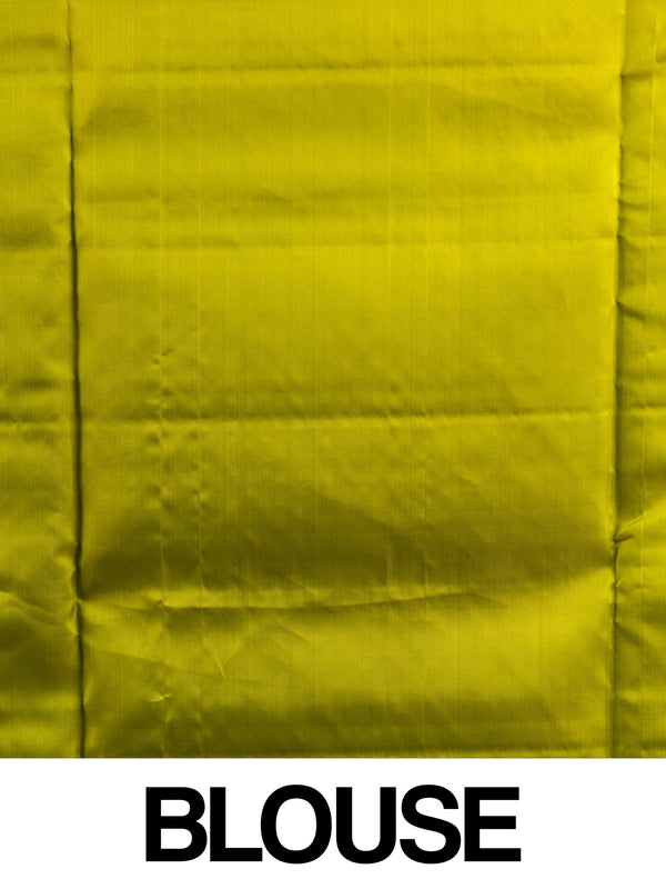 Rani pink Kanchipuram pure mix saree with gold zari checks and contrast lime green border and pallu