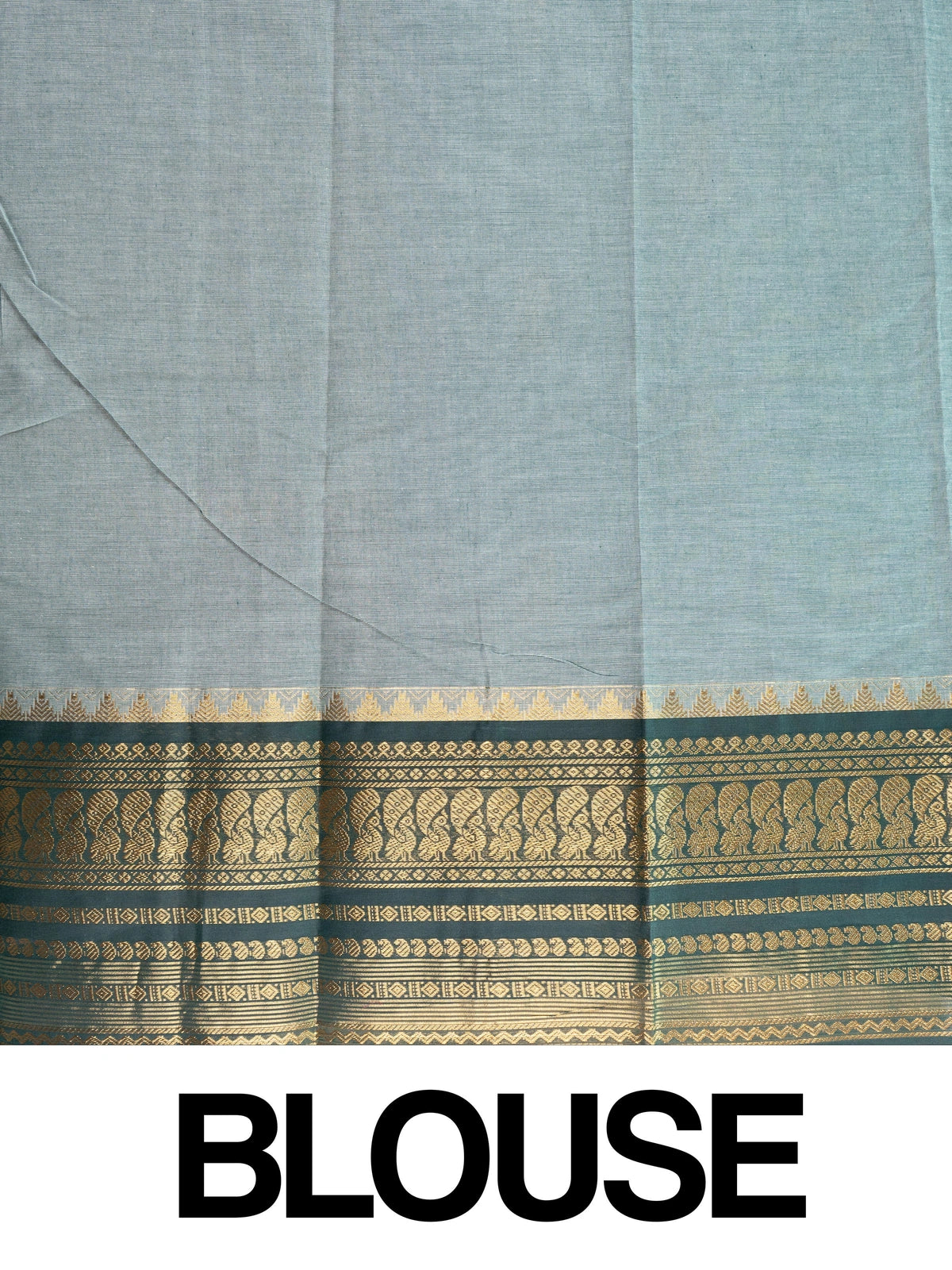 Sage green Chettinad cotton saree with teal gold zari contrast border and paisley buttas
