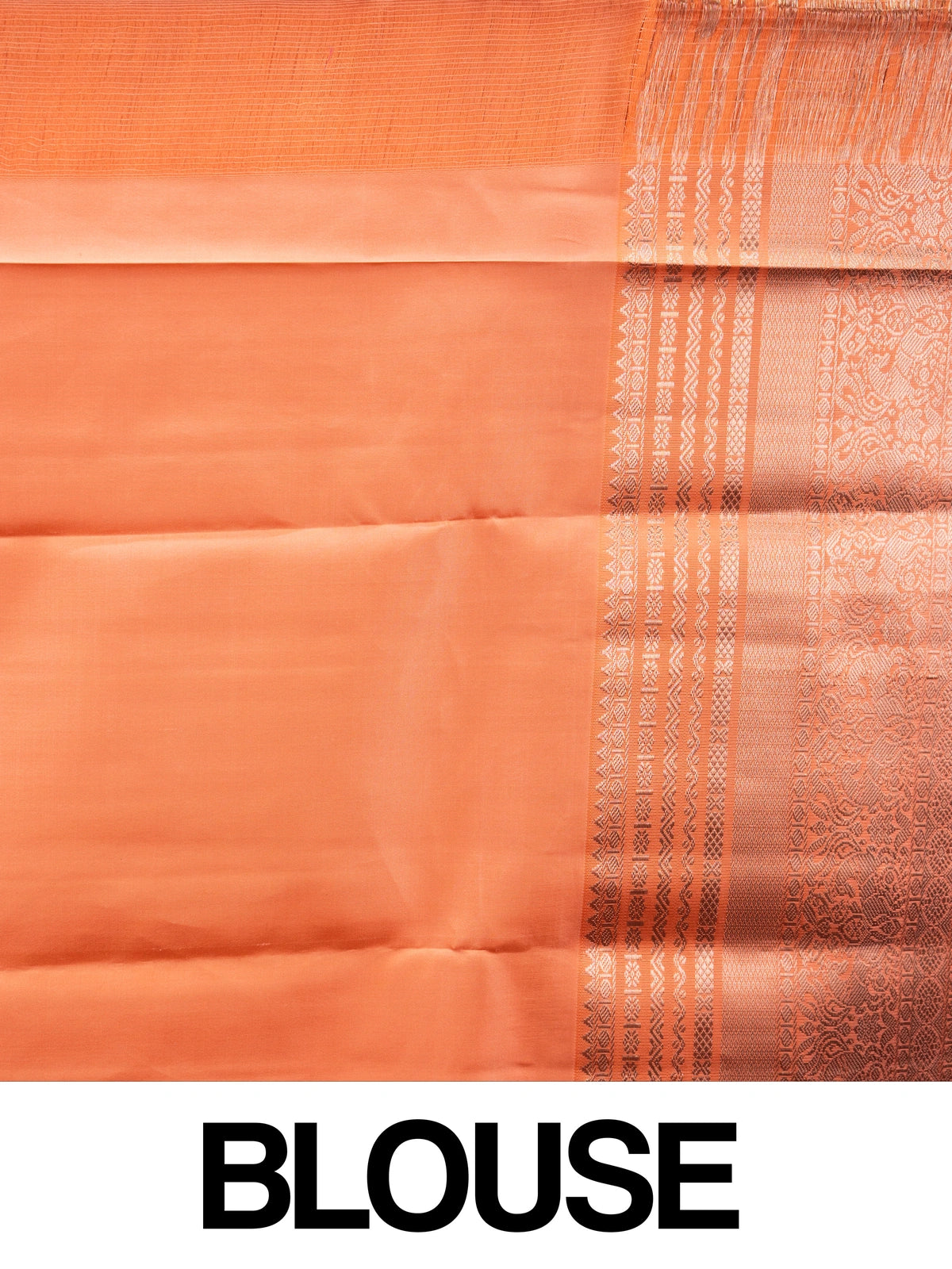 Bottle green pure Kanchipuram silk saree with contrast peach copper-zari border and pallu