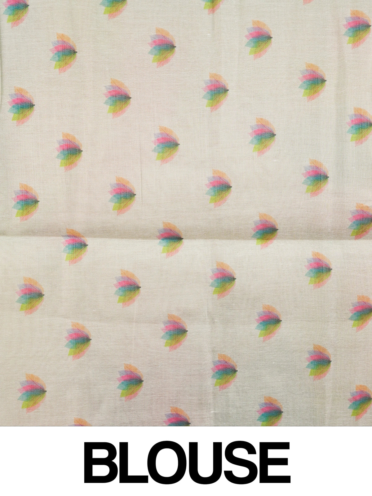 Cream linen cotton saree with multicoloured leaf and lotus-petal prints