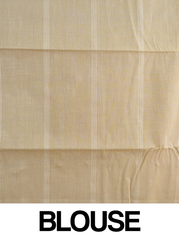 Beige and grey checked silk cotton saree with striped pallu and matching blouse