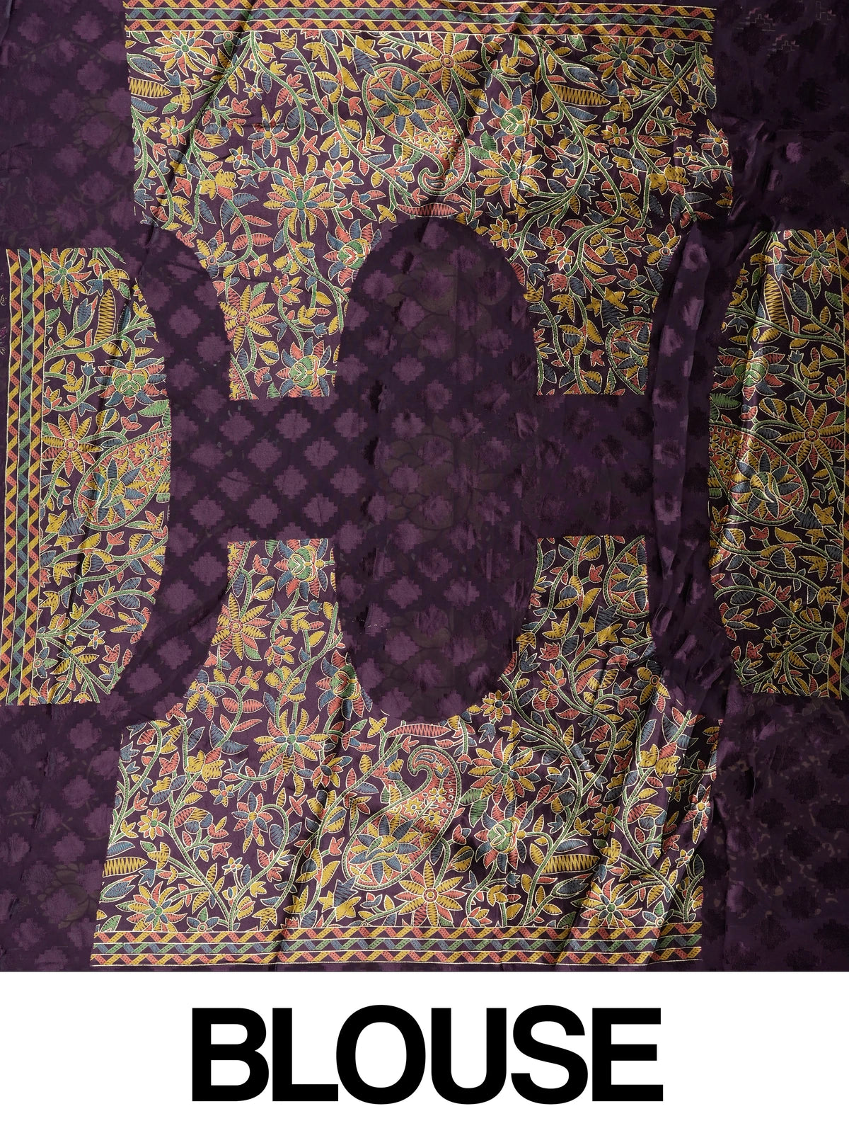 Purple and gold designer art silk saree with floral zari motifs, lotus pallu and contrast printed blouse