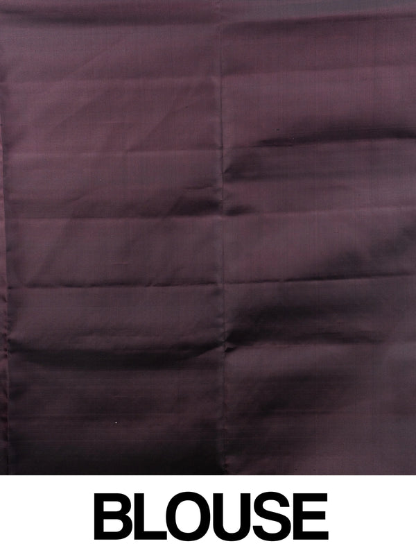 Deep aubergine soft silk saree with gold zari buttis, zari border and woven contrast pallu