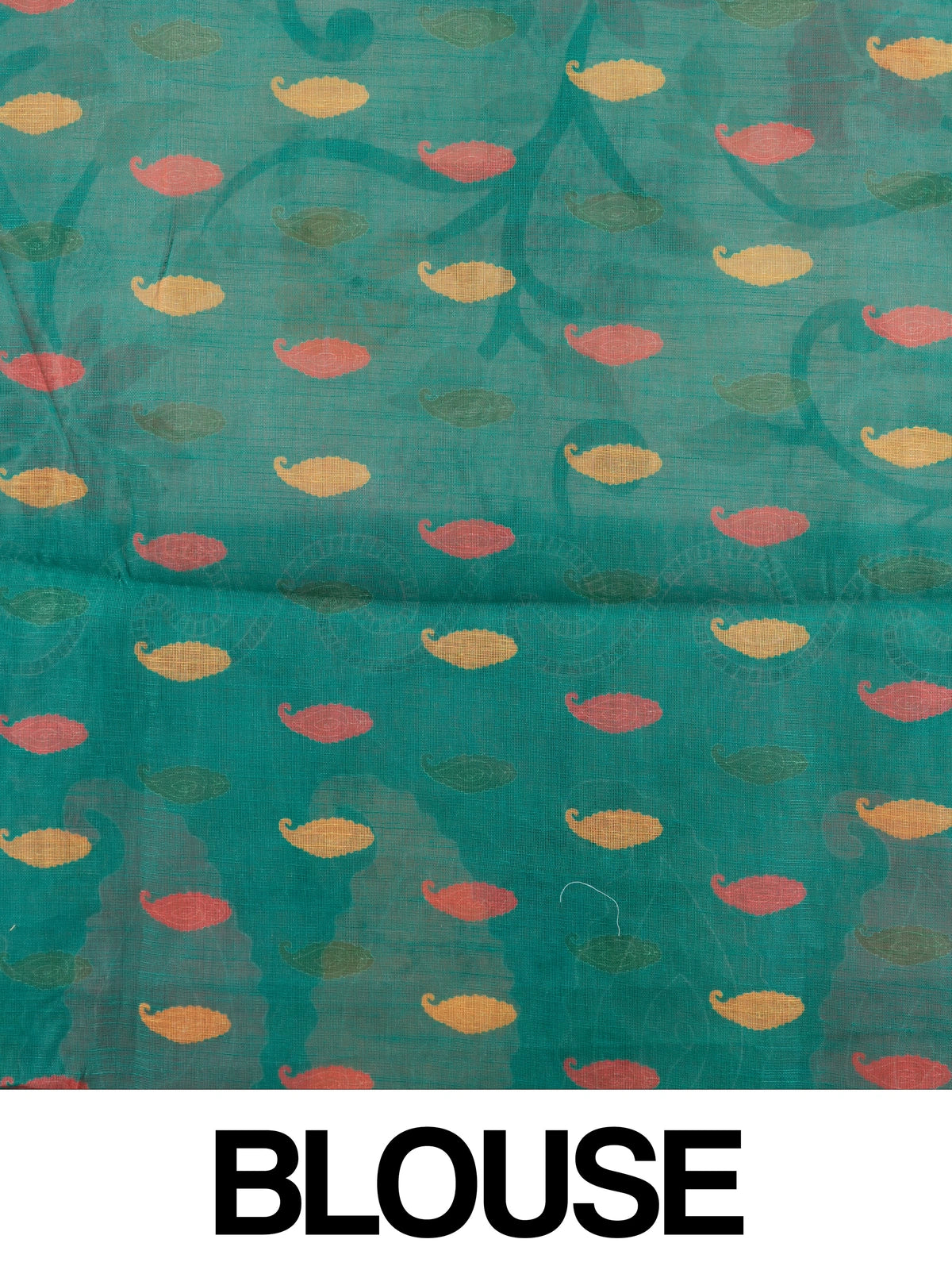 Cream linen cotton saree with multicolour floral print and contrast teal green paisley border