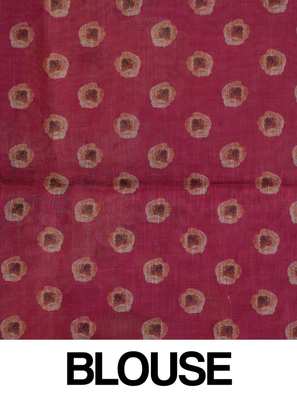 Pink floral linen cotton saree with watercolour floral pallu and silver zari border