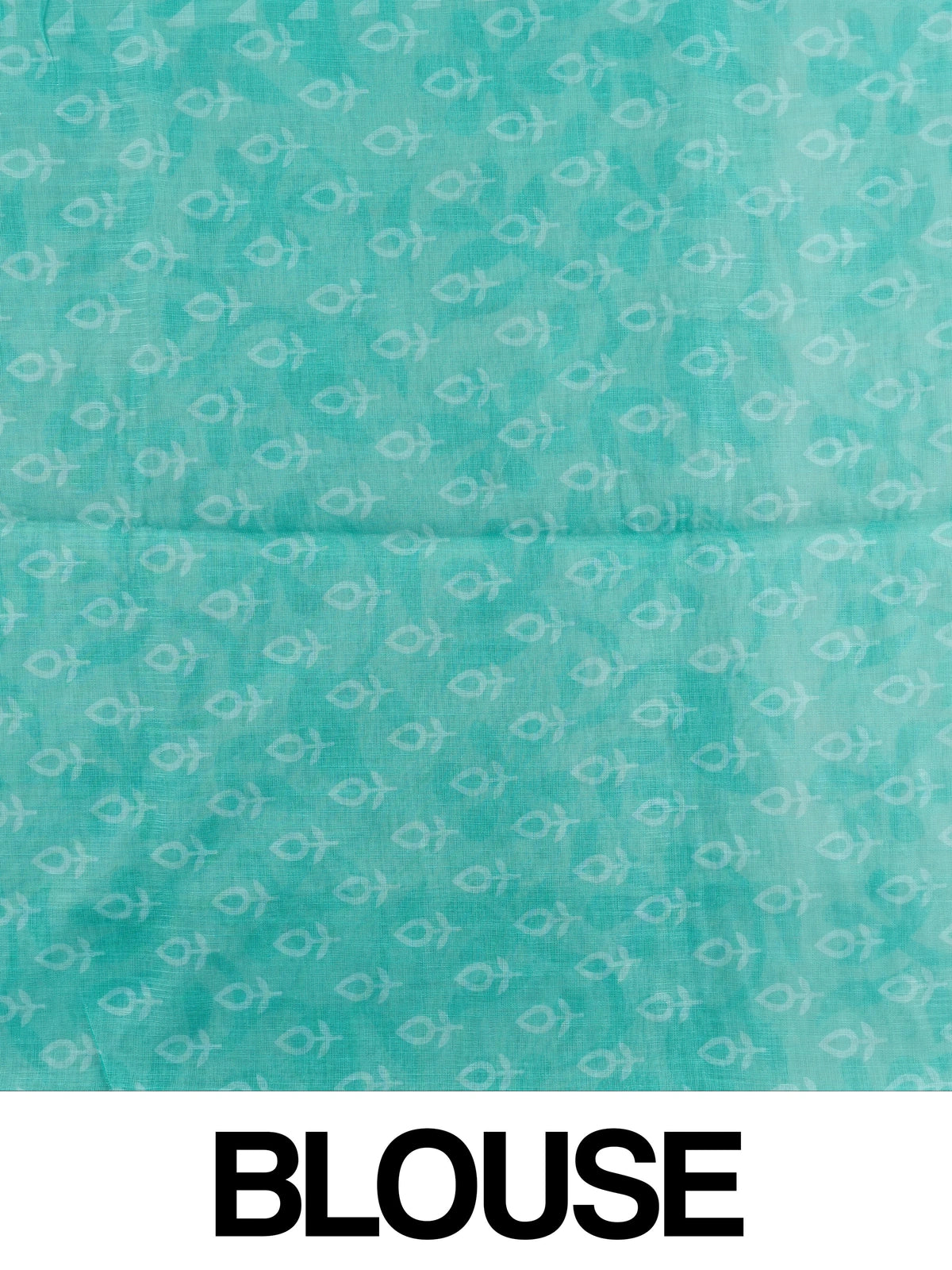 Teal and white floral printed linen cotton saree with gold border and matching blouse