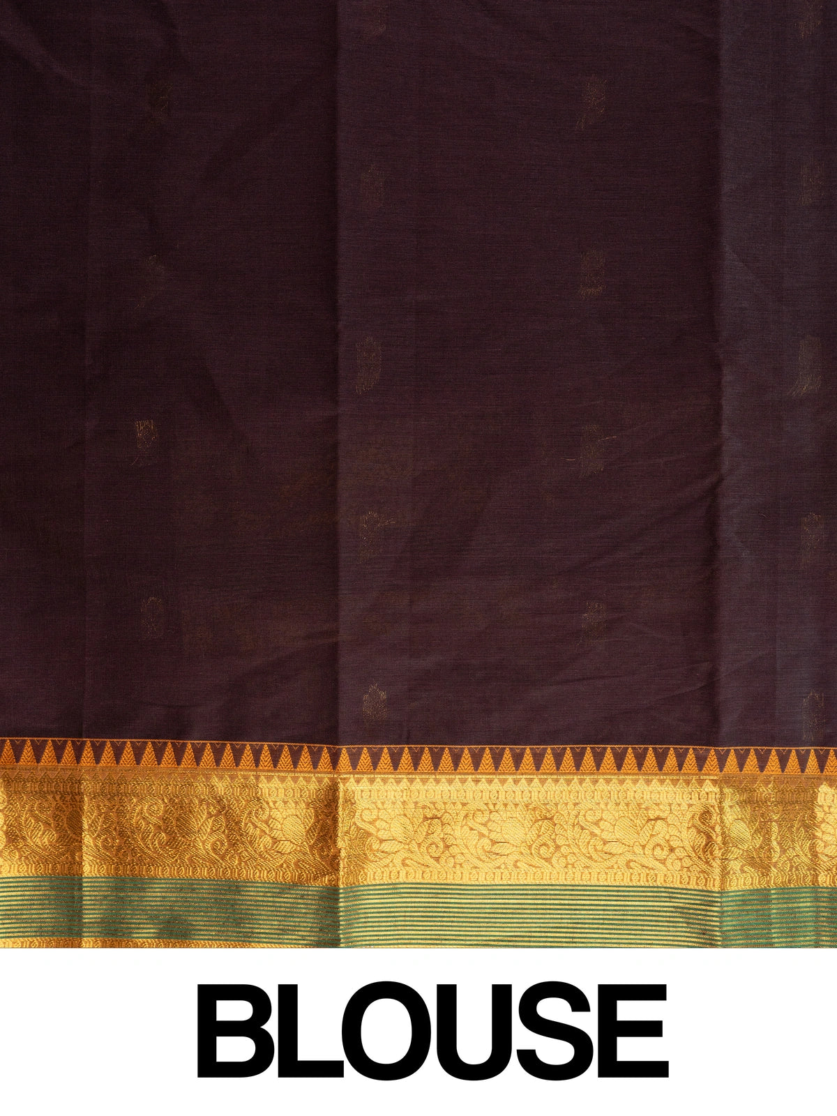 Maroon brown Chettinad cotton saree with mustard-gold zari border, green stripe accents and gold buti motifs