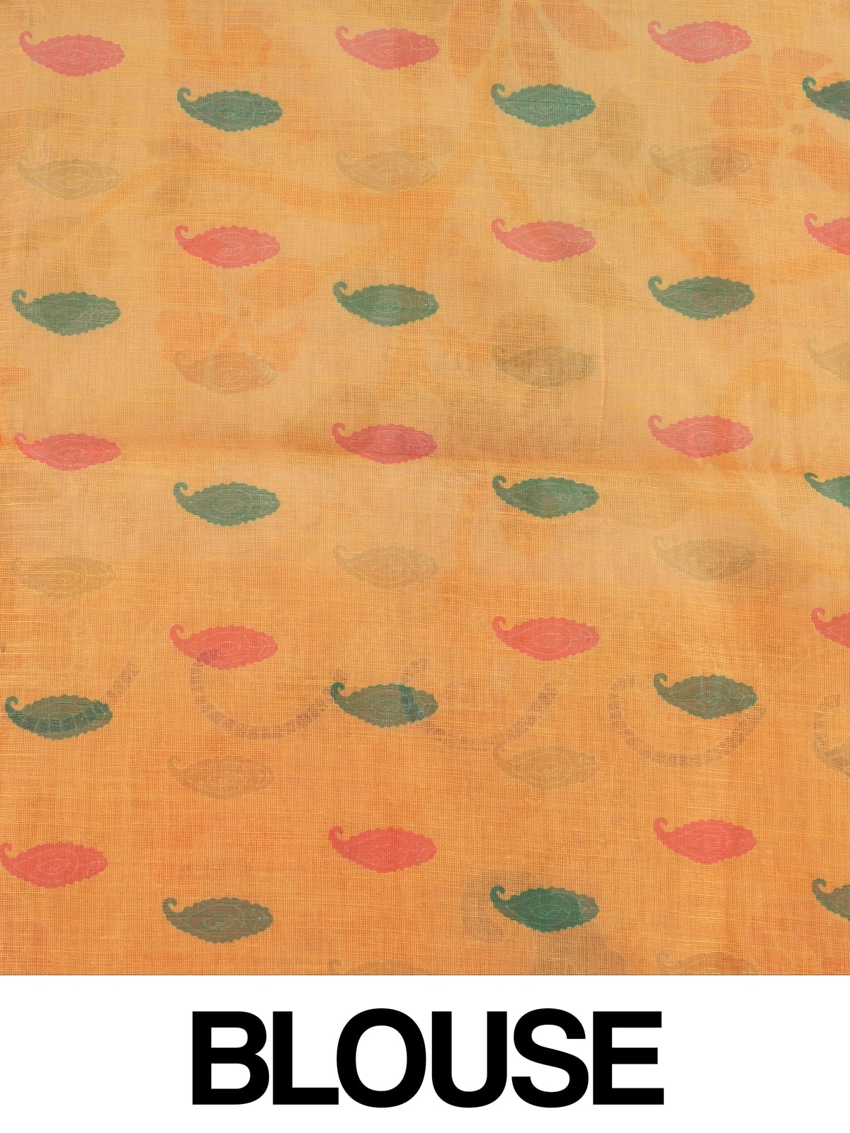 Cream linen cotton saree with orange floral print and paisley border