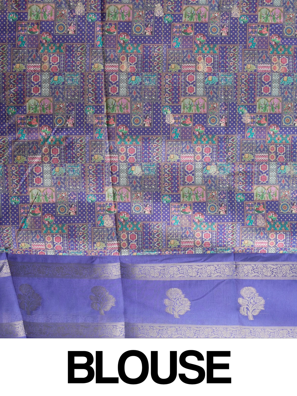 Royal blue multicolour Dola silk saree with patchwork print and gold zari border
