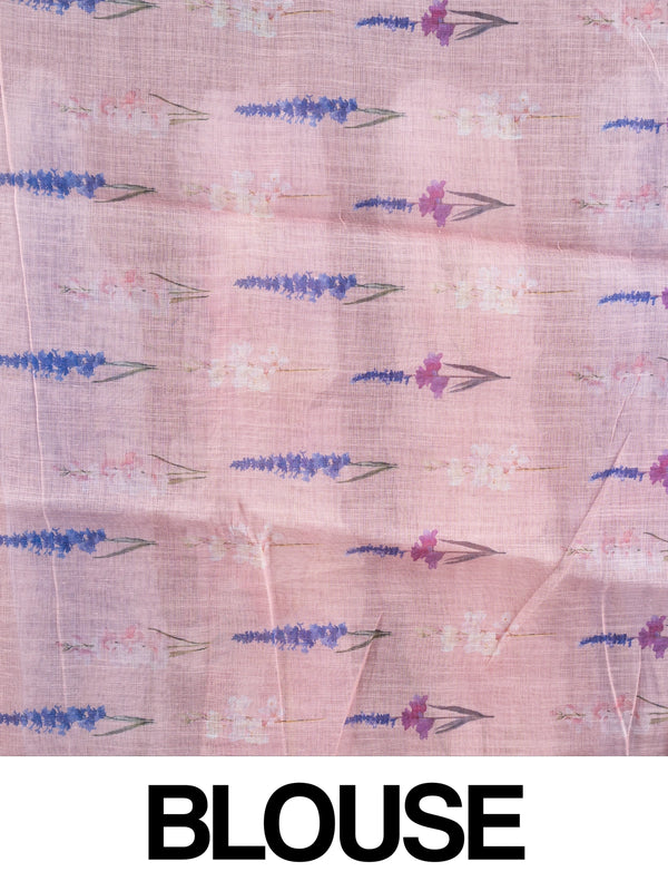 Mauve brown linen cotton saree with watercolour floral pallu and gold zari border