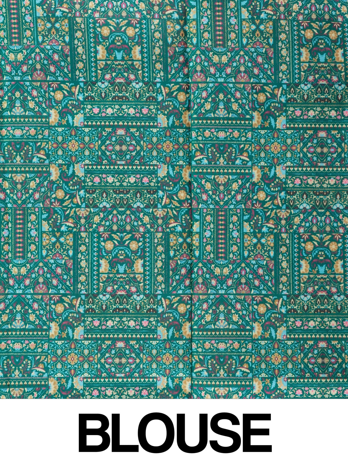 Teal green Dola silk saree with peacock and elephant patchwork print and gold zari border