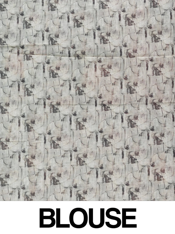 Cream and charcoal grey linen cotton saree with batik-style body print and Kalamkari peacock pallu
