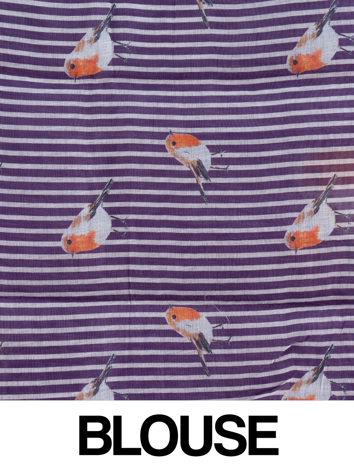 Lavender linen cotton saree with orange and white robin bird prints and gold zari border