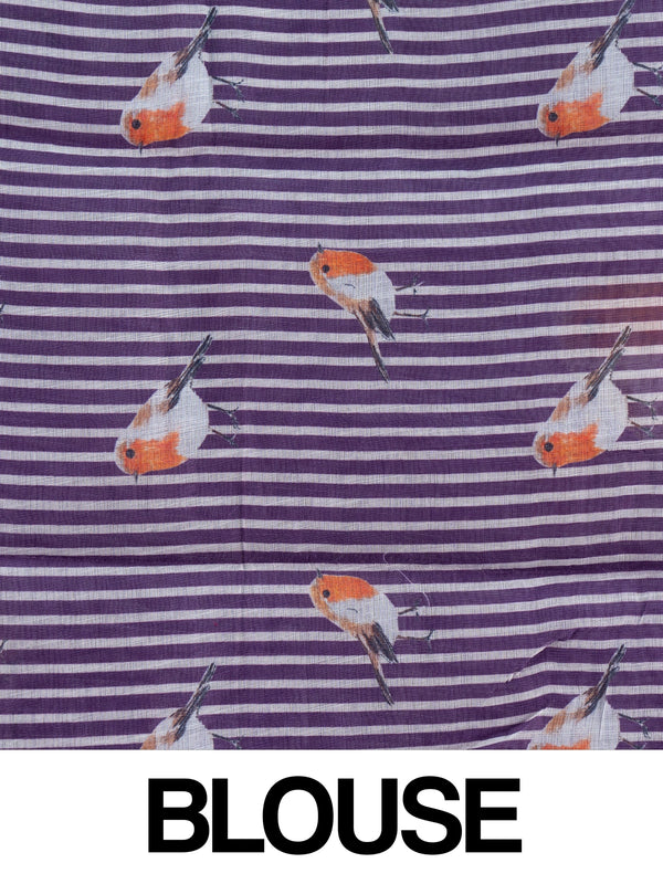 Lavender linen cotton saree with orange and white robin bird prints and gold zari border