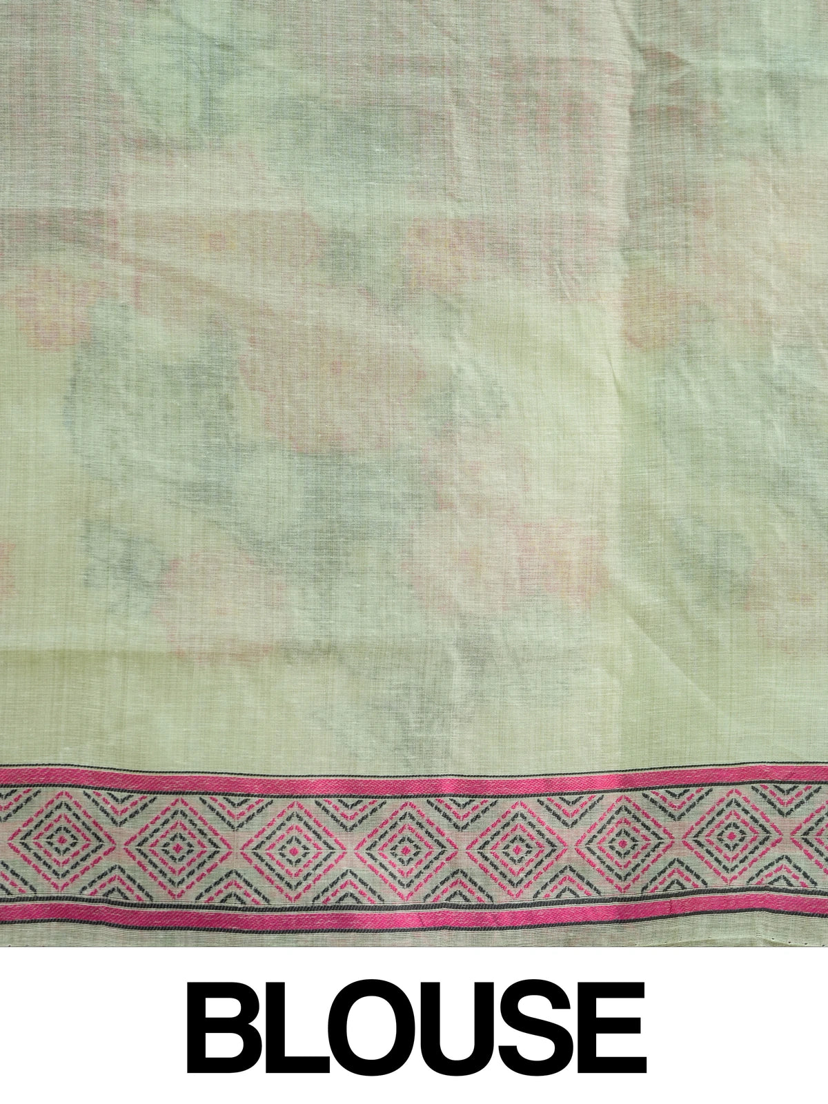 Pastel green linen cotton saree with pink floral print and geometric contrast border