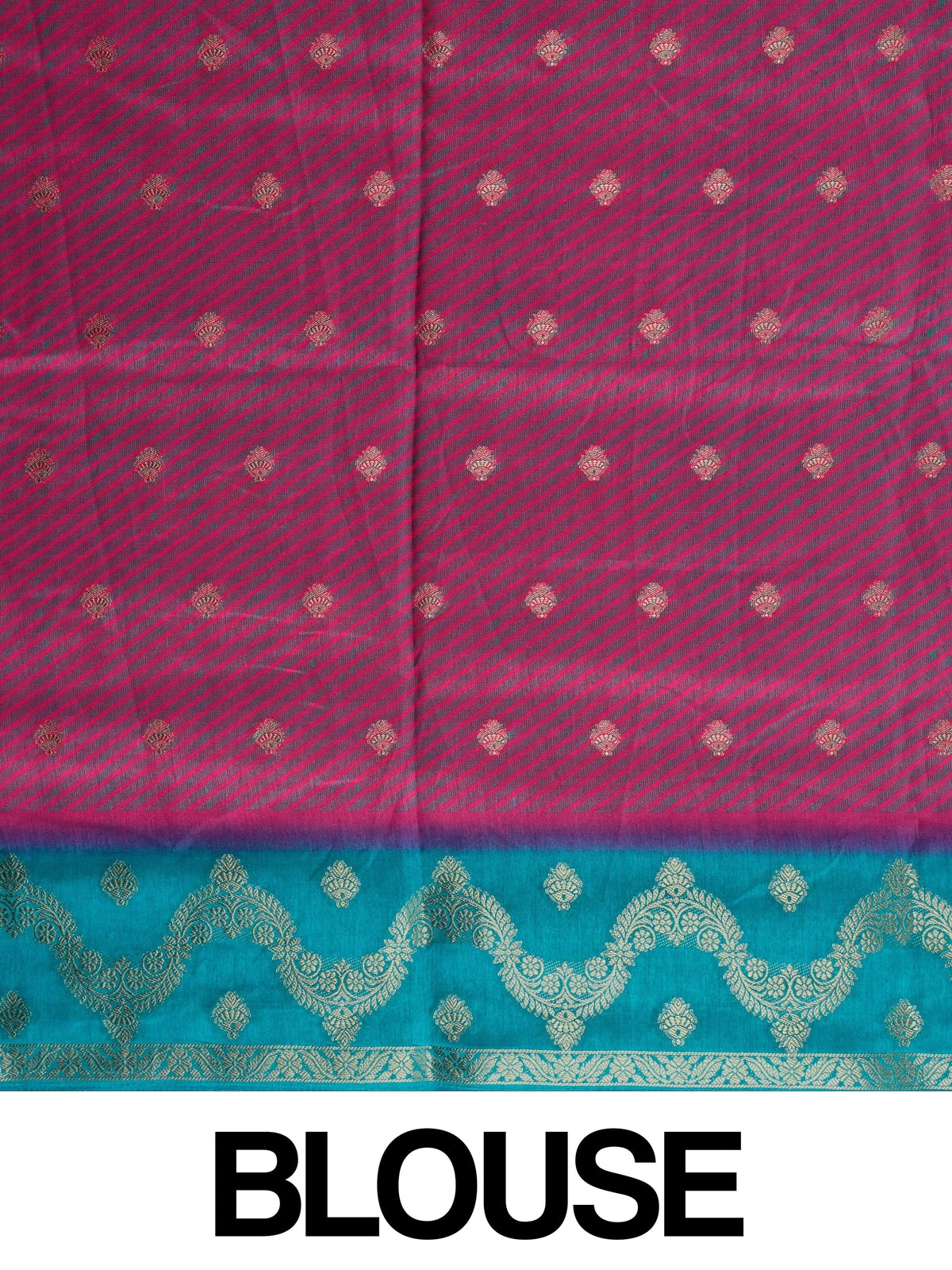 Coral red Dola silk saree with pink checks, gold zari buttas and a contrast teal blue zari border