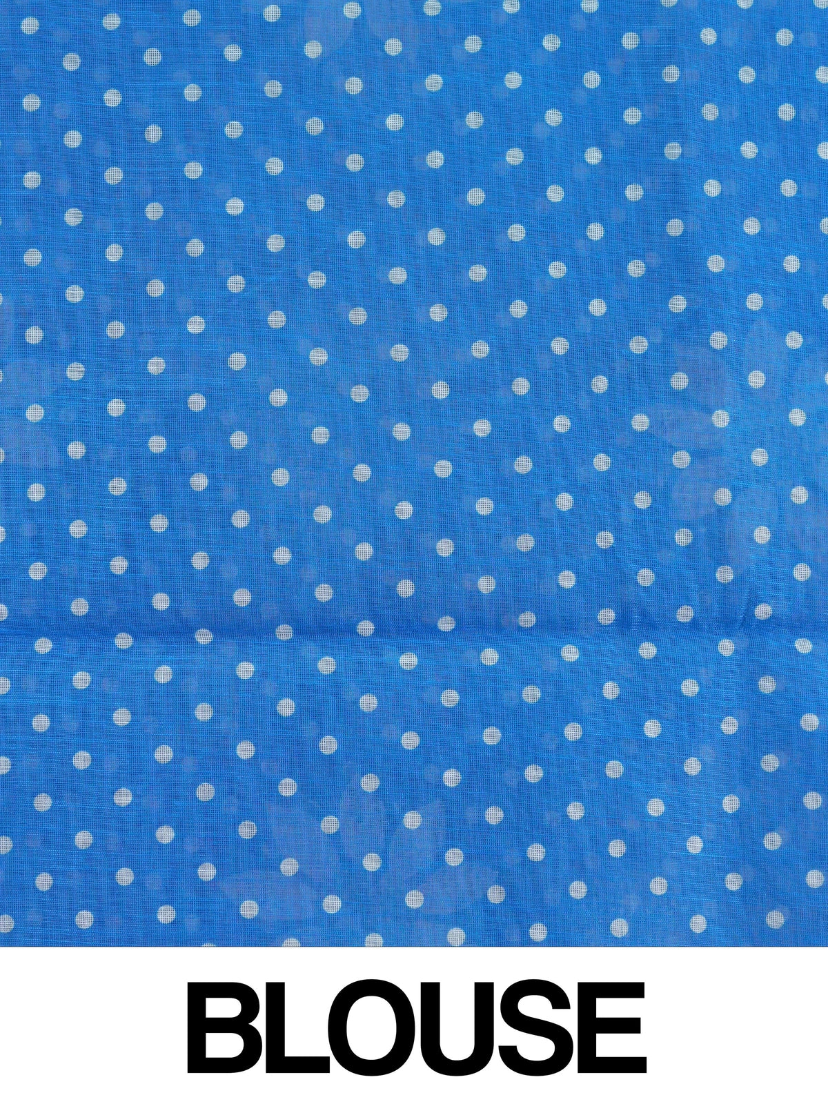 Bright blue linen cotton saree with white polka dots, daisy floral motifs and silver zari border