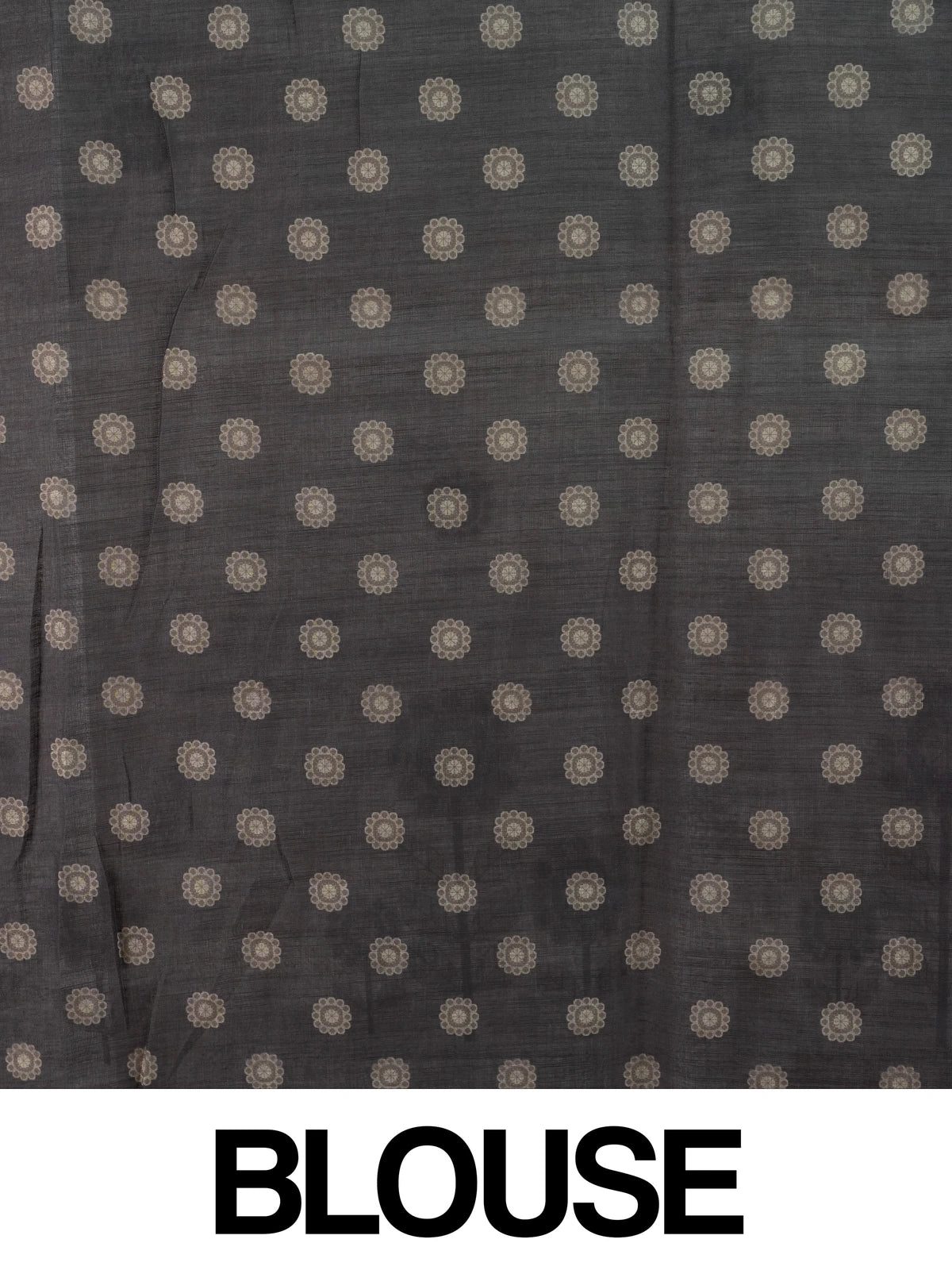 Beige linen cotton saree with grey floral prints and a contrast grey-black striped border