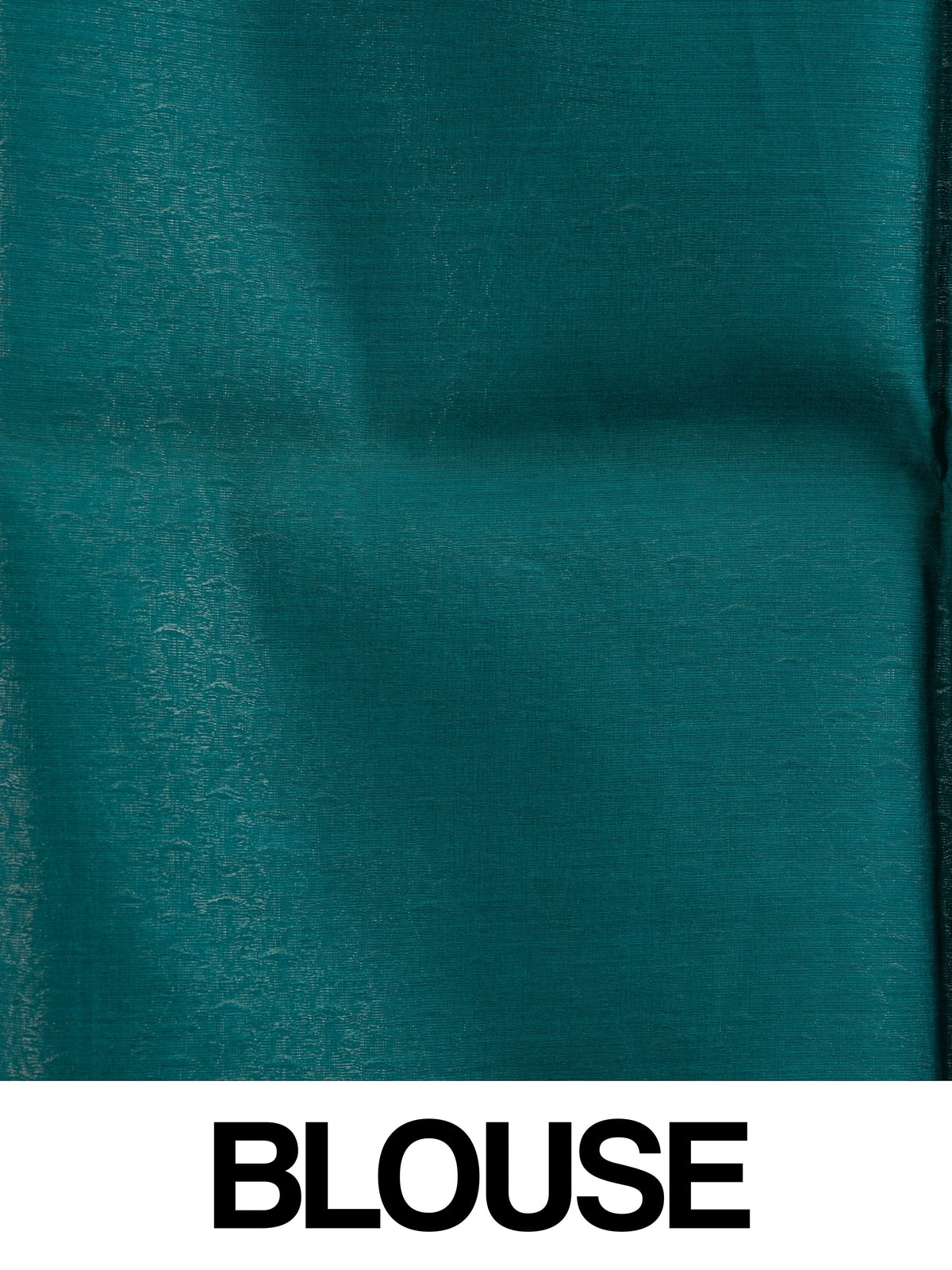 Teal green silk cotton saree with silver zari butta and contrast maroon border
