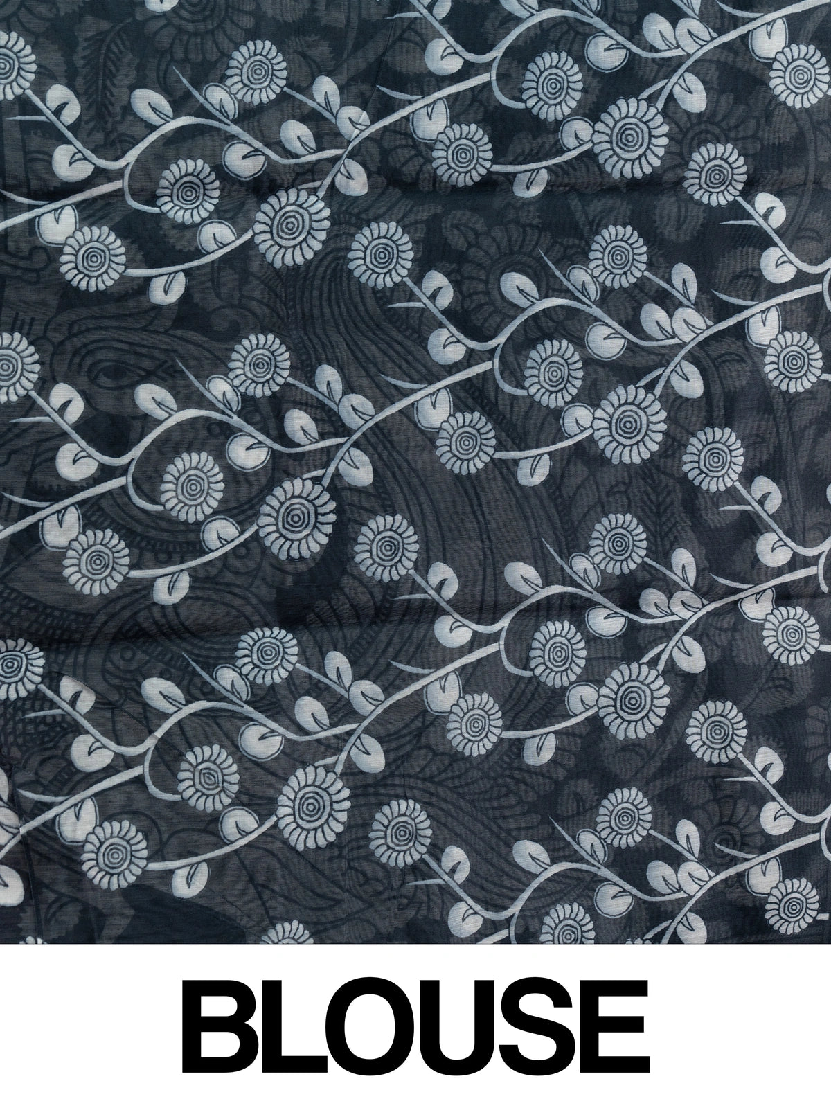 Black linen cotton saree with white Kalamkari-style peacock and floral printed pallu and a slim zari border