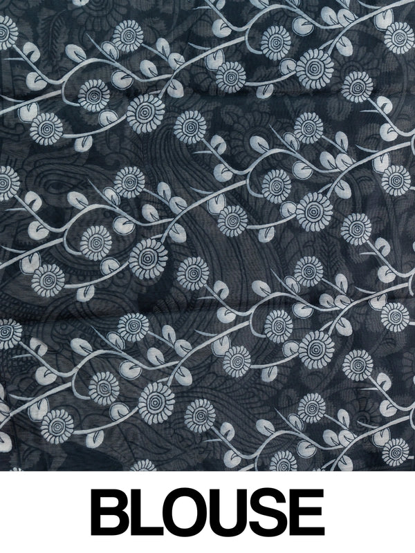 Black linen cotton saree with white Kalamkari-style peacock and floral printed pallu and a slim zari border