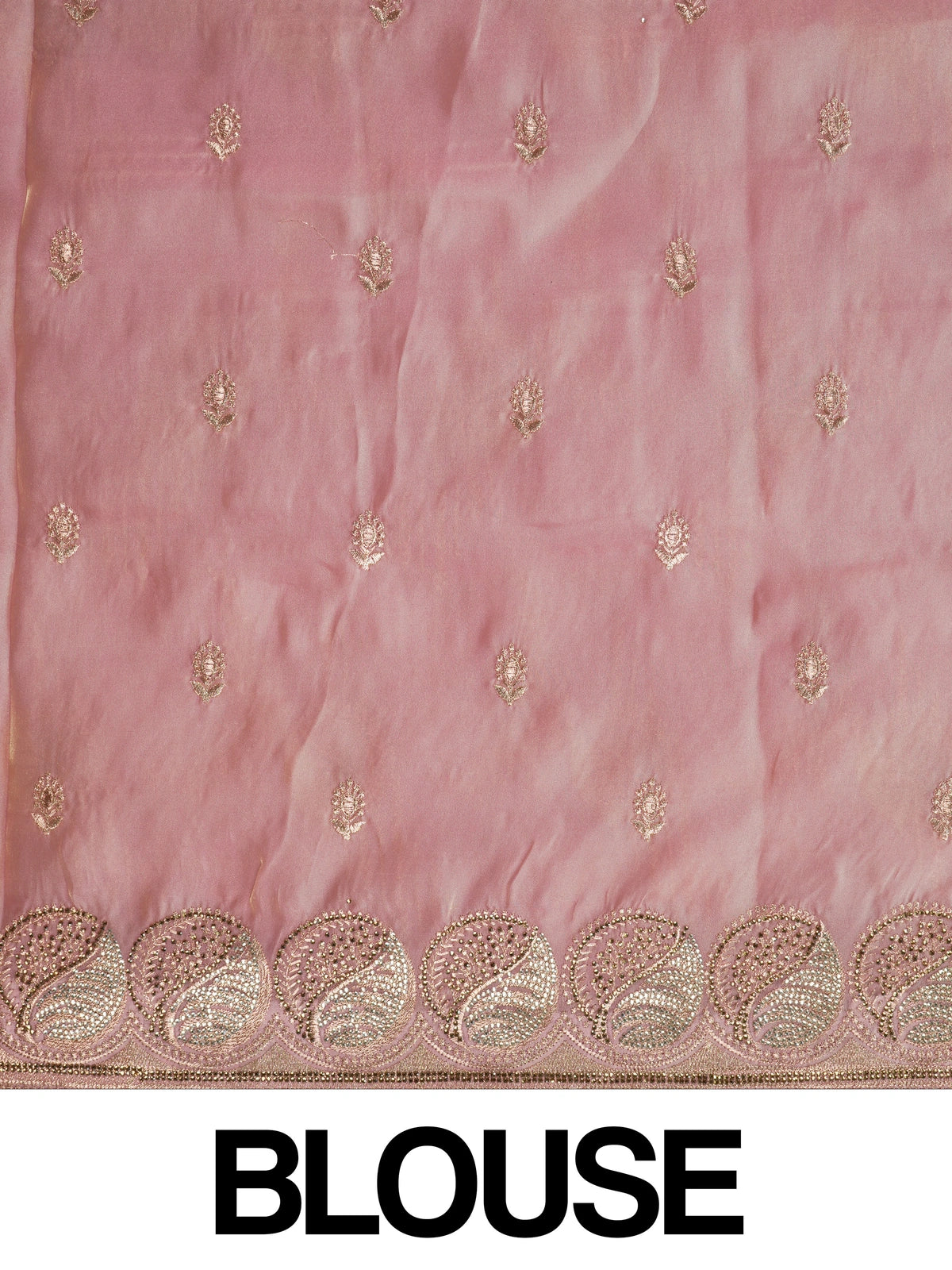 Blush pink organza designer saree with gold zari and sequin embroidered floral and paisley motifs and scalloped border