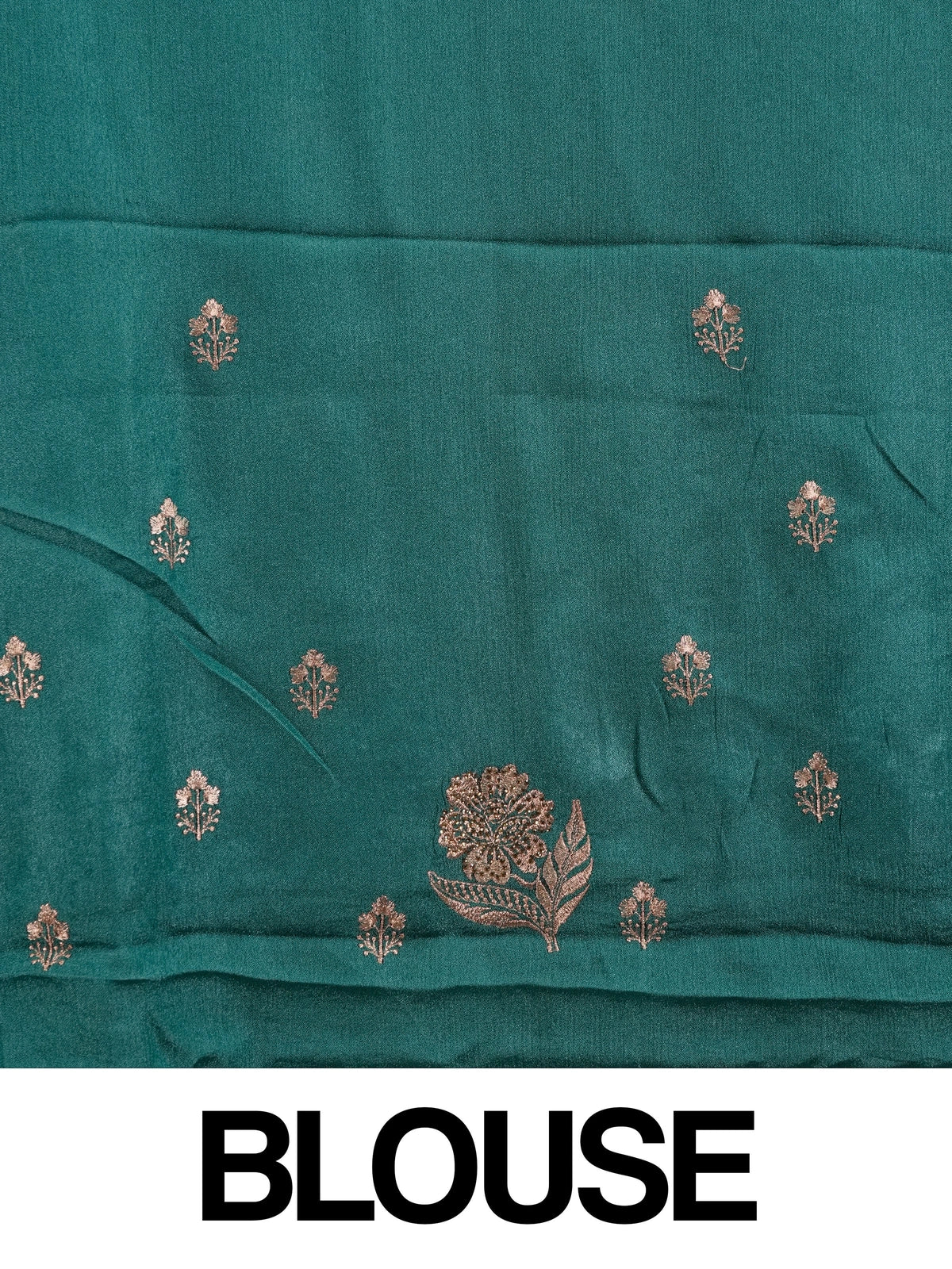 Teal green designer saree with copper floral embroidery, sequin work and scalloped embroidered border