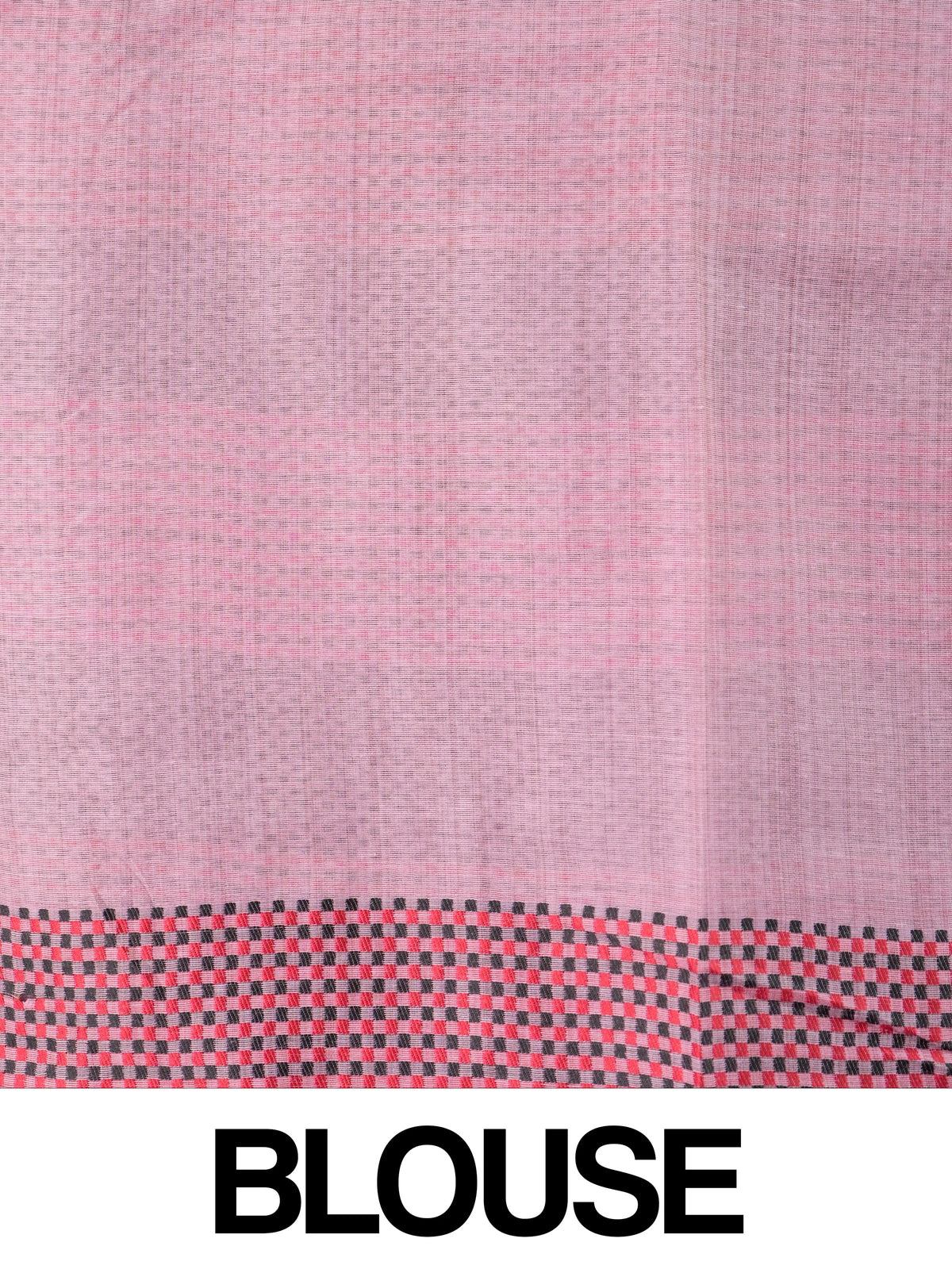 Pink linen cotton saree with kantha-style paisley embroidery and striped grey border