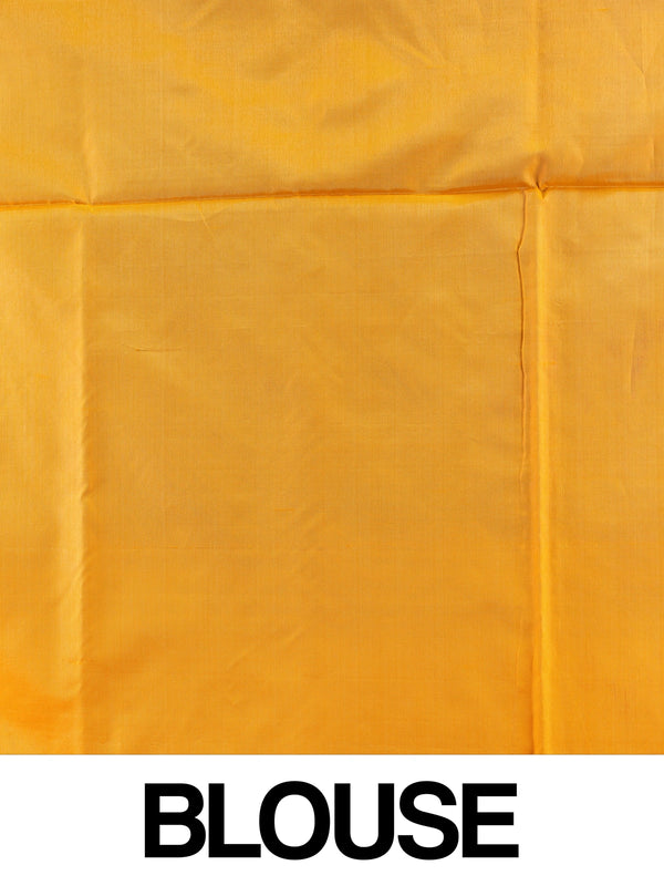 Teal and purple banana silk saree with gold zari stripes and a contrast mustard striped pallu