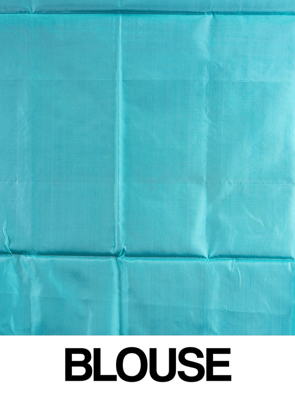 Royal blue and teal Banana Silk saree with gold zari buttis and contrast striped pallu