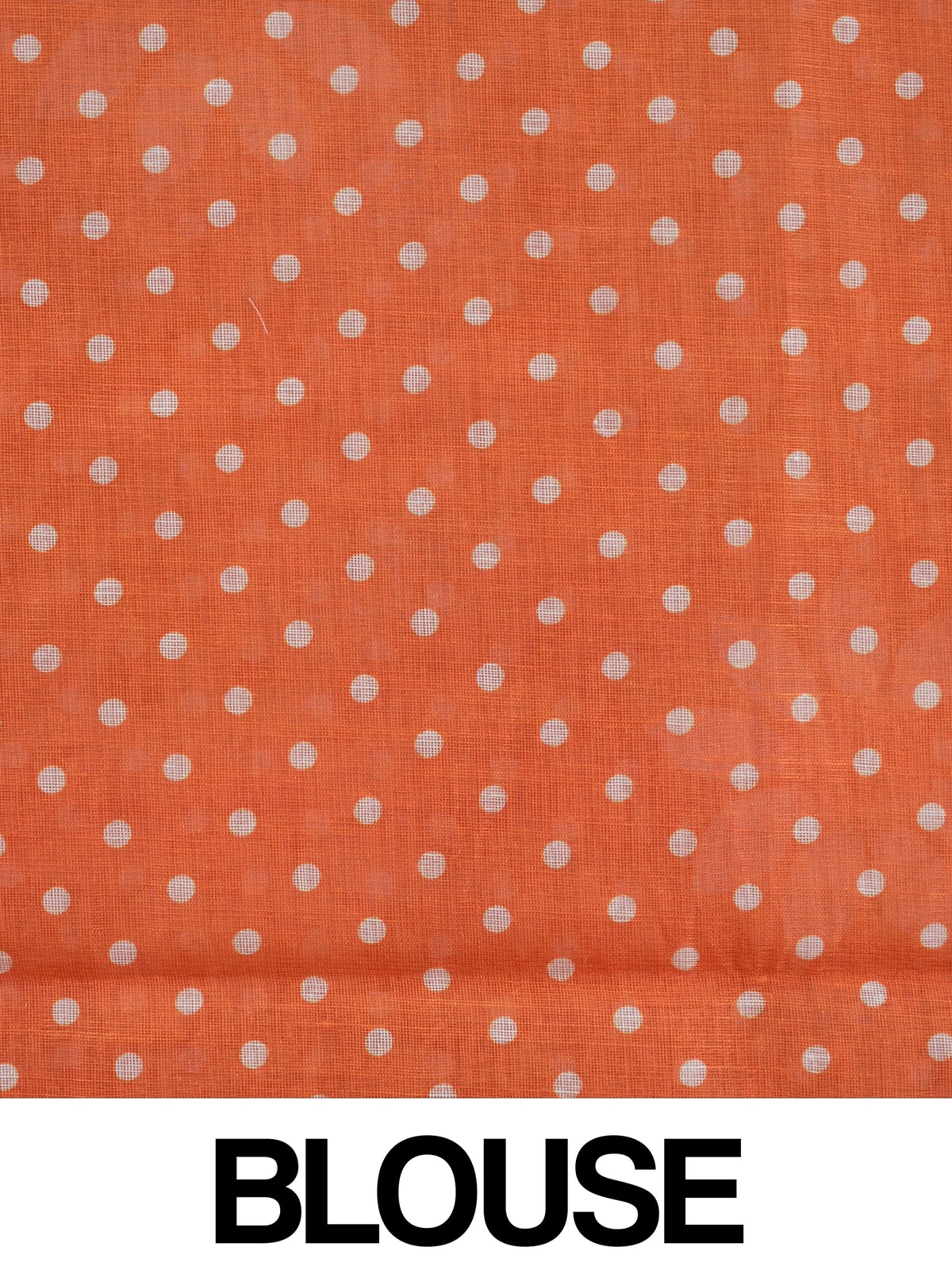 Orange linen cotton saree with white polka dots, floral motifs and a thin gold border