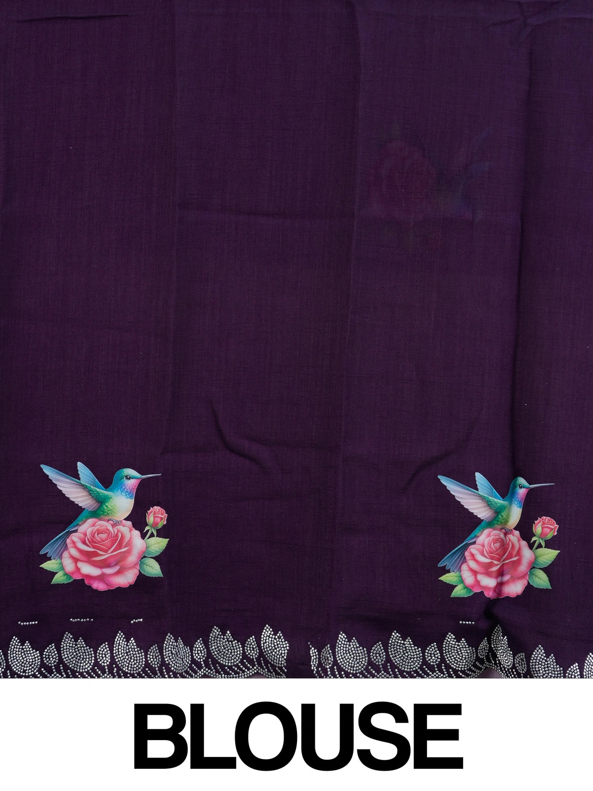 Lilac organza designer saree with hummingbird-and-rose print, silver stone scalloped border and contrast plum blouse