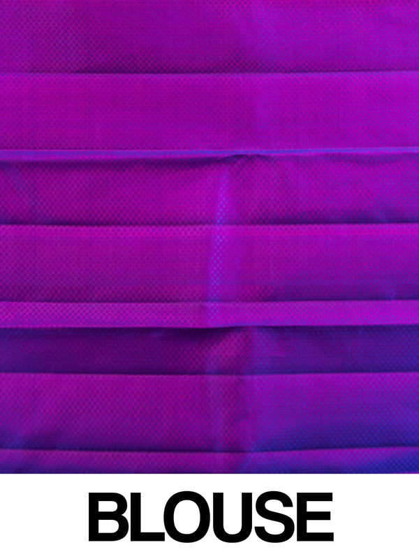 Royal blue Pure Kanchipuram silk saree with contrast magenta border, gold zari buttas and woven pallu