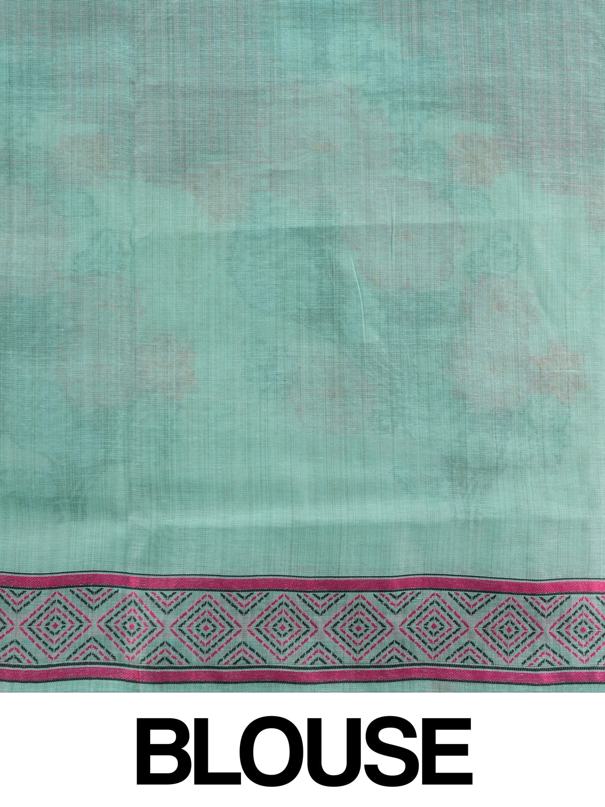 Mint green linen cotton saree with pink floral prints and geometric diamond border