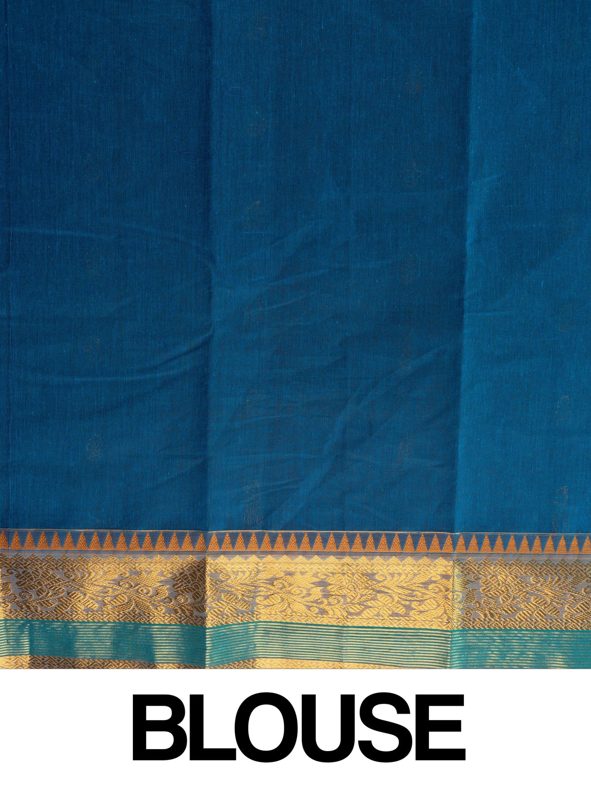 Peacock blue Chettinad cotton saree with gold zari buttas, temple zari border and contrast mustard-gold pallu