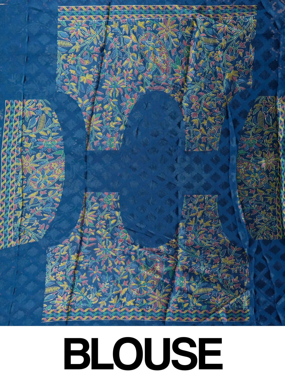 Navy blue and gold designer saree with floral lotus motifs and geometric border