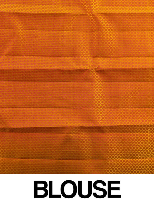 Lime green pure Kanchipuram silk saree with contrast orange gold zari border and pallu