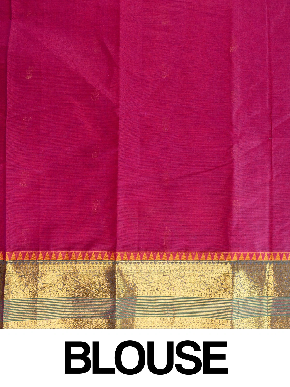 Pink Chettinad cotton saree with contrast green-and-gold zari border, gold buttas, and ornate gold pallu