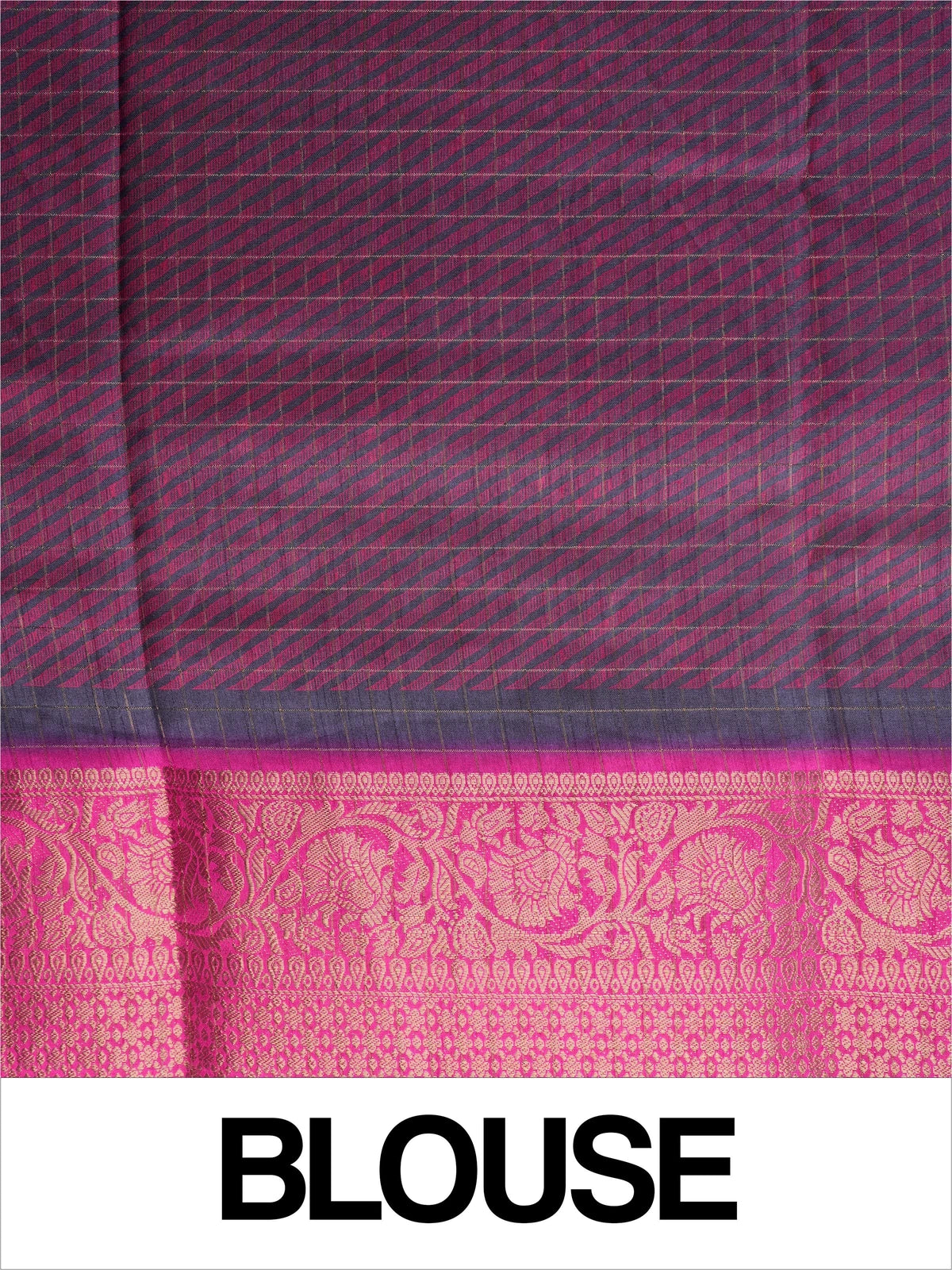 Grey-blue floral Dola silk saree with magenta pink gold zari border and contrast yellow blouse