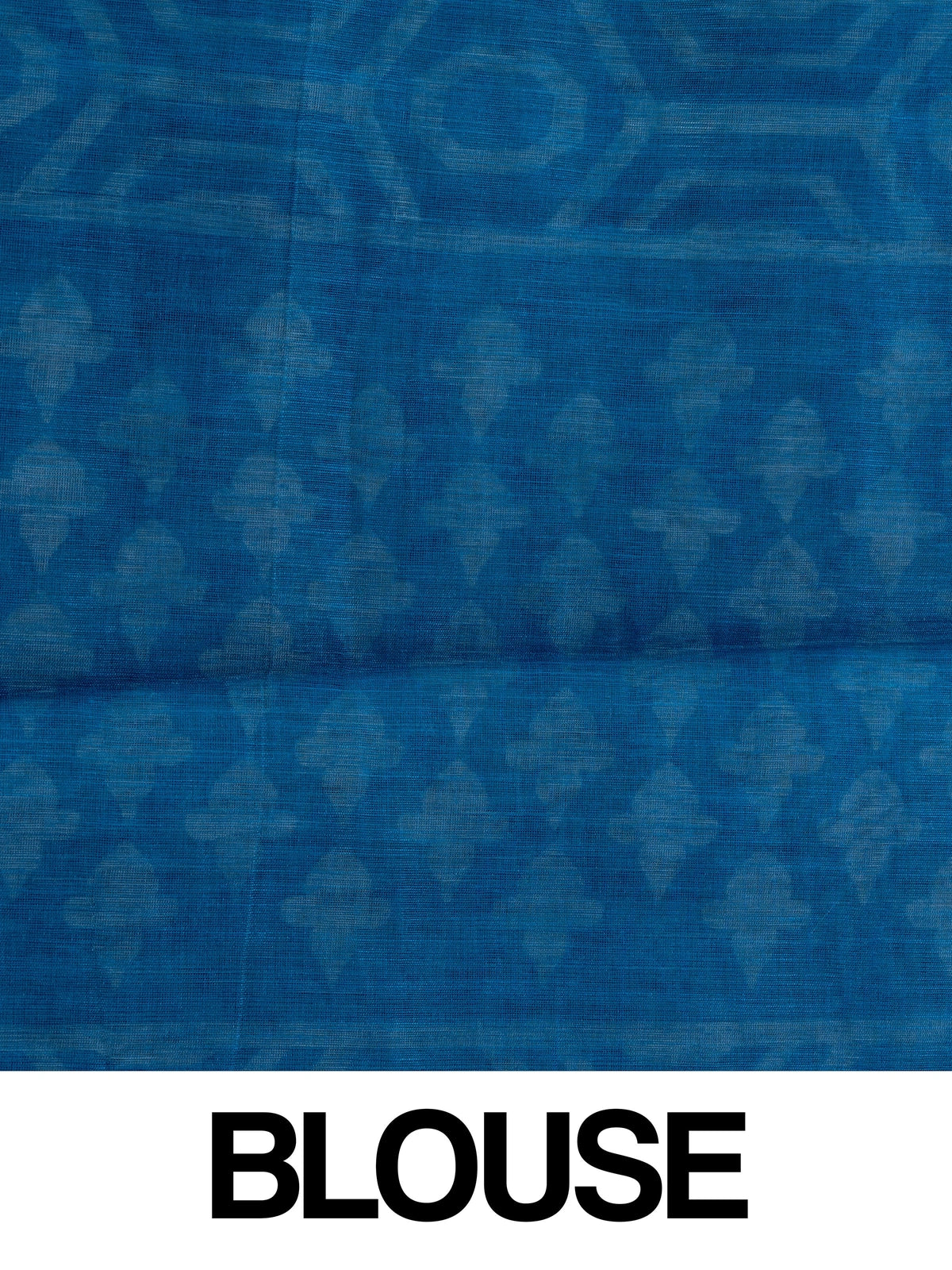 Peacock blue and white block printed linen cotton saree with geometric border and fern motifs