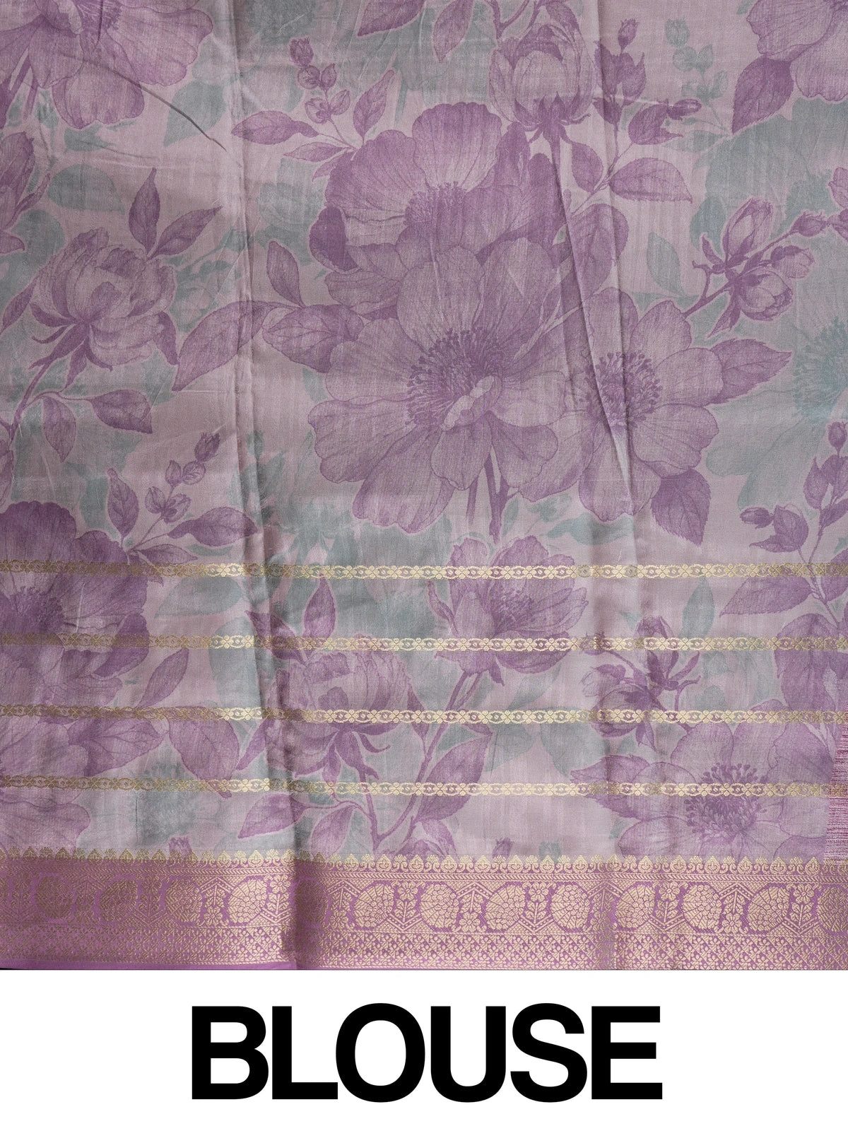 Lilac and mauve floral Dola silk saree with gold zari border and printed pallu
