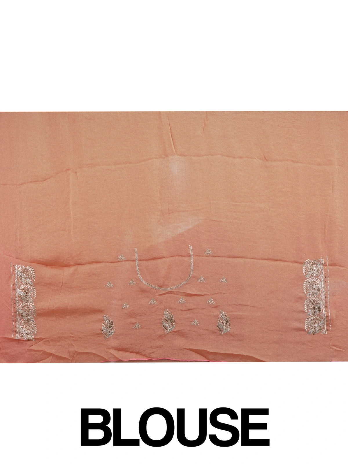 Peach shimmer tissue designer saree with embroidered leaf buttas and an ornate rose-gold border